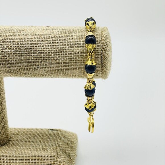 Navy Bead Station Bracelet Bright Gold Tone North Star and Cross Charms Holiday - Picture 4 of 6